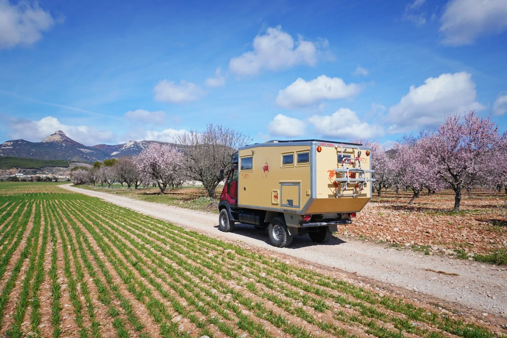 T-Rex Truck on a road with a beautiful landscape, mountains in the distance.